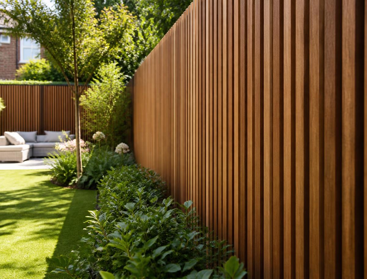 Cedar slatted fence installed by Arcadia Build in a landscaped Cambridgeshire garden