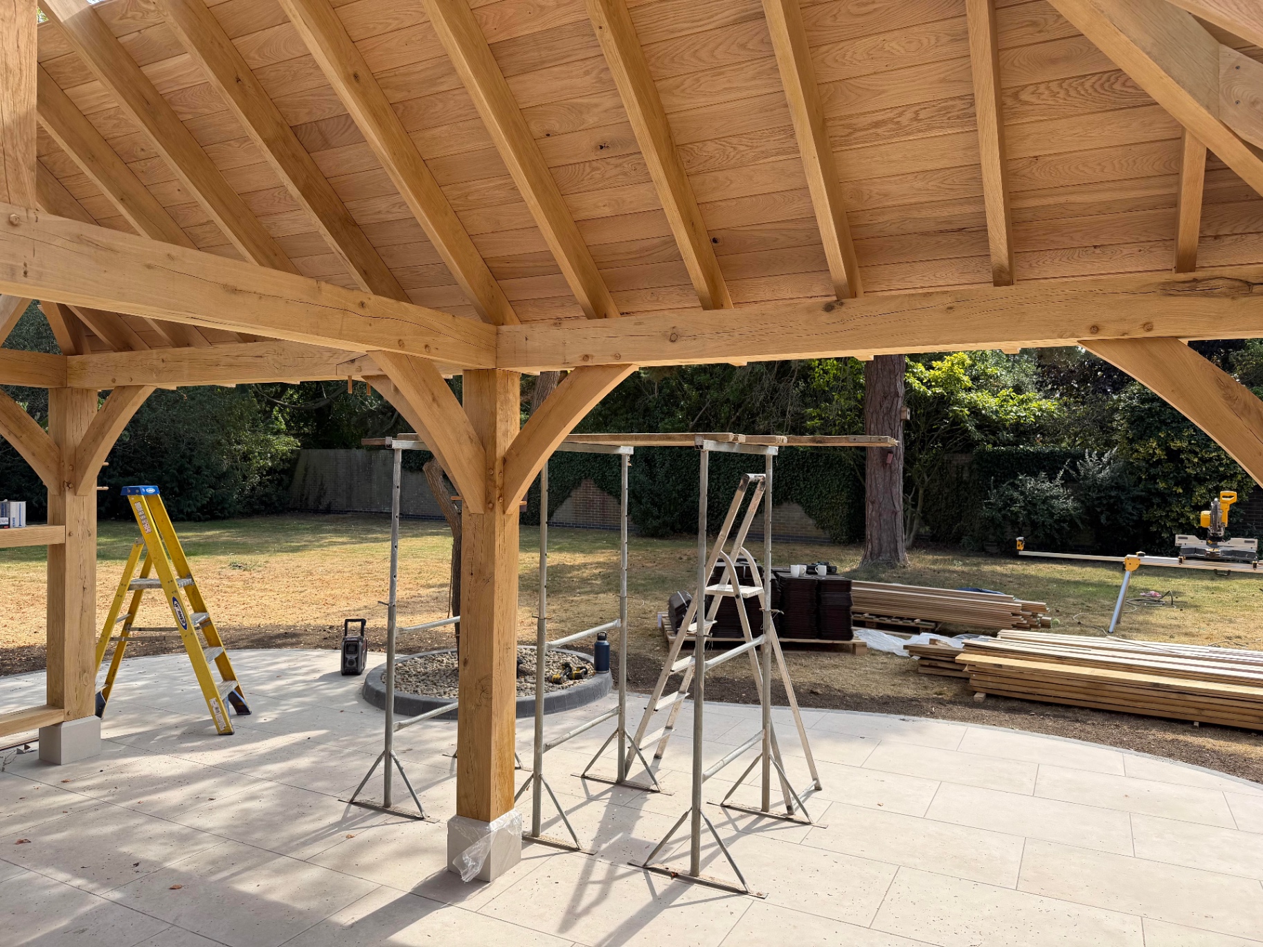 Oak boarded ceiling inside the finished gazebo roof in Godmanchester, Cambridgeshire