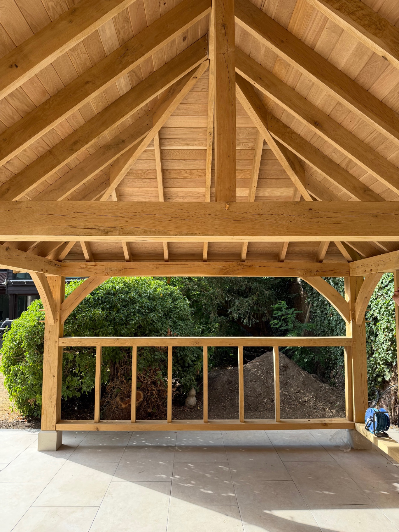 Interior view of the oak gazebo ceiling and balustrade in Godmanchester, Cambridgeshire