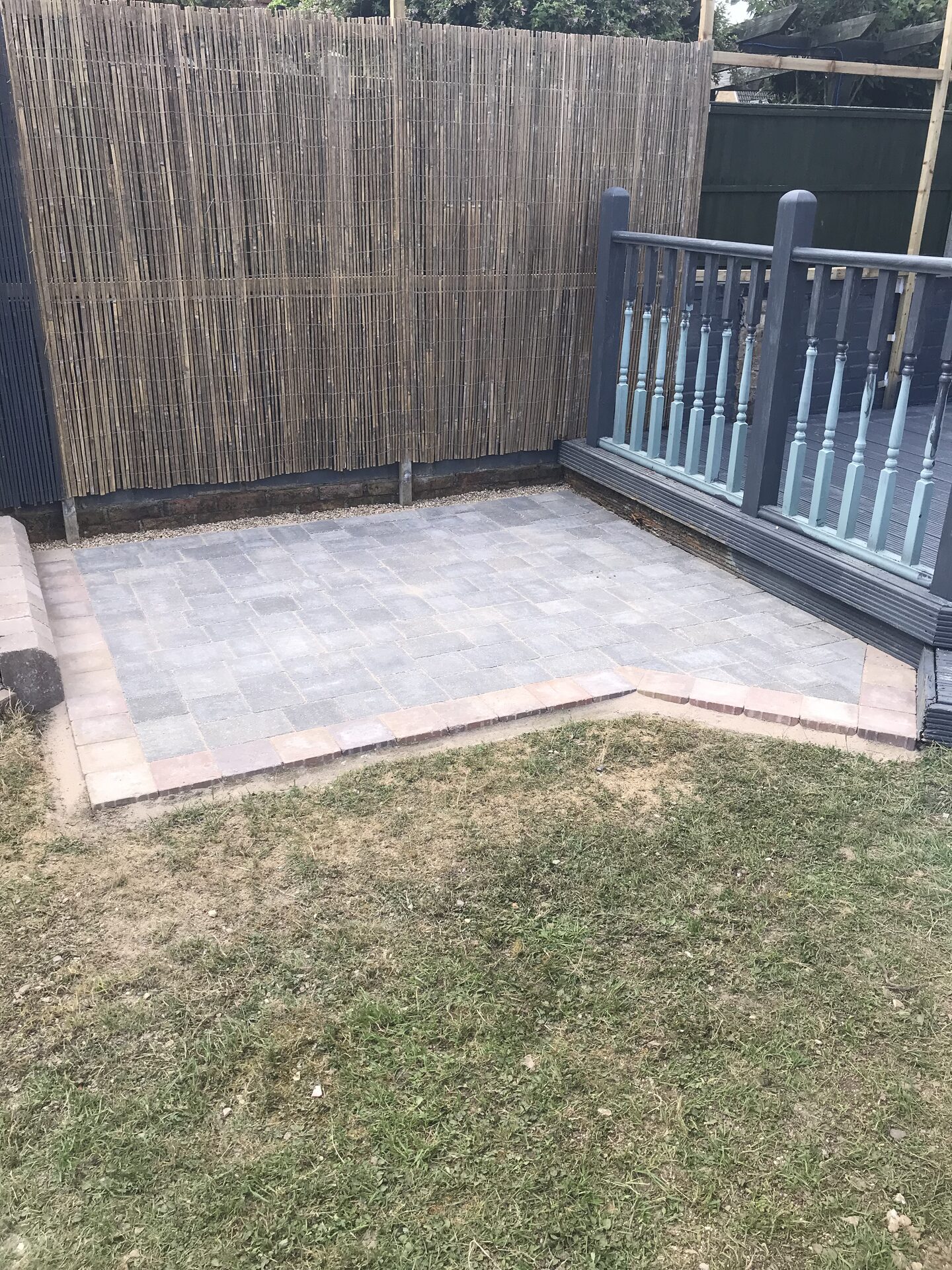New block-paved patio nearing completion in Folksworth, Cambridgeshire
