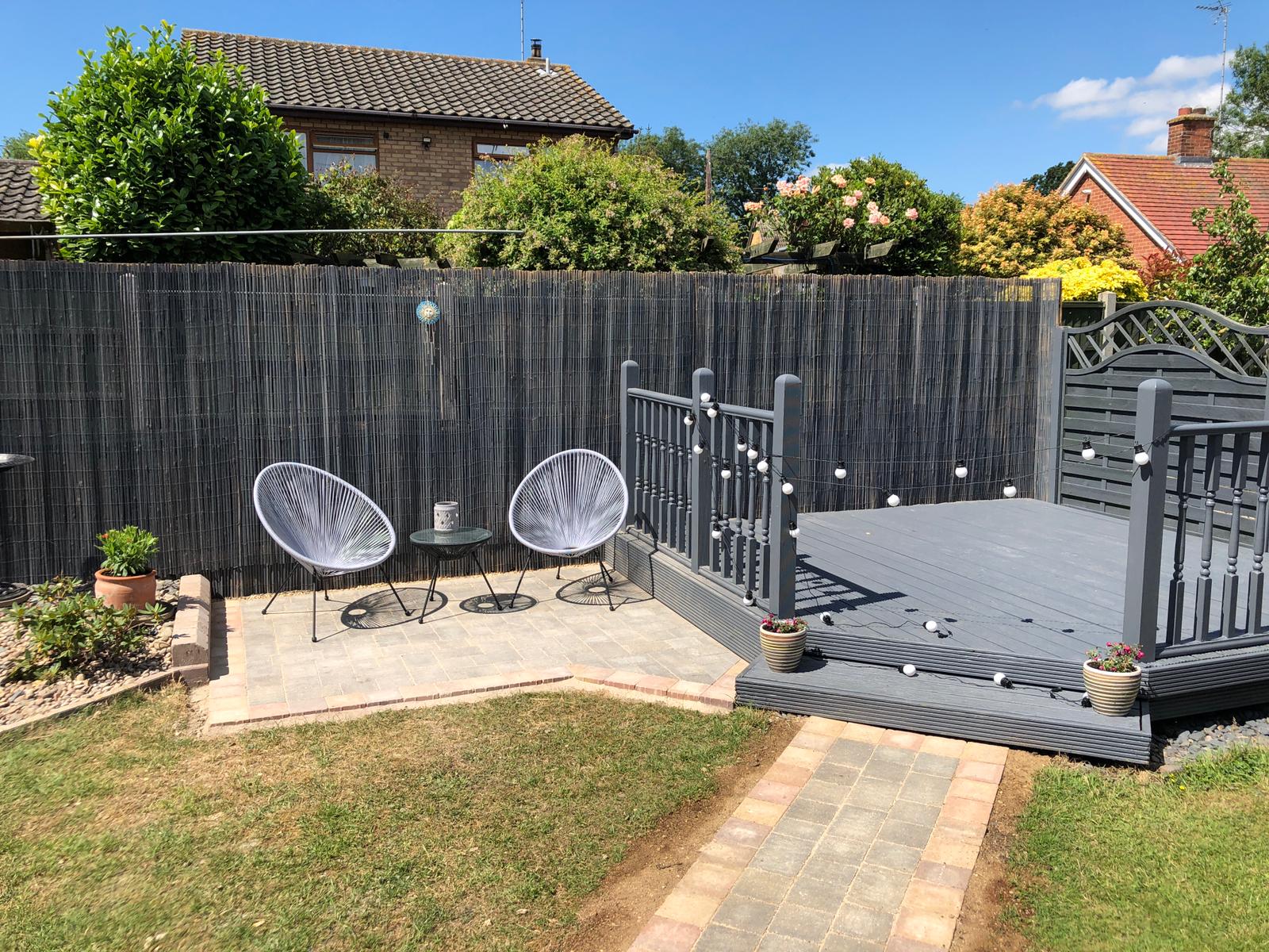 Finished block-paved patio with seating area, new fencing and pathway in Folksworth, Cambridgeshire