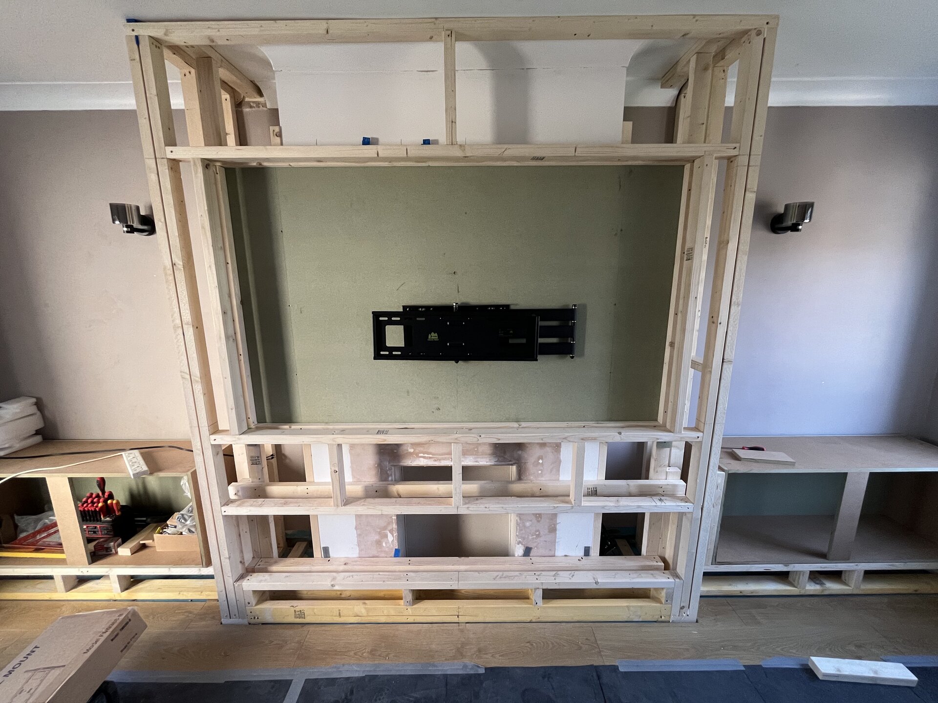 Initial timber stud framework for the bespoke media wall taking shape in Sawtry