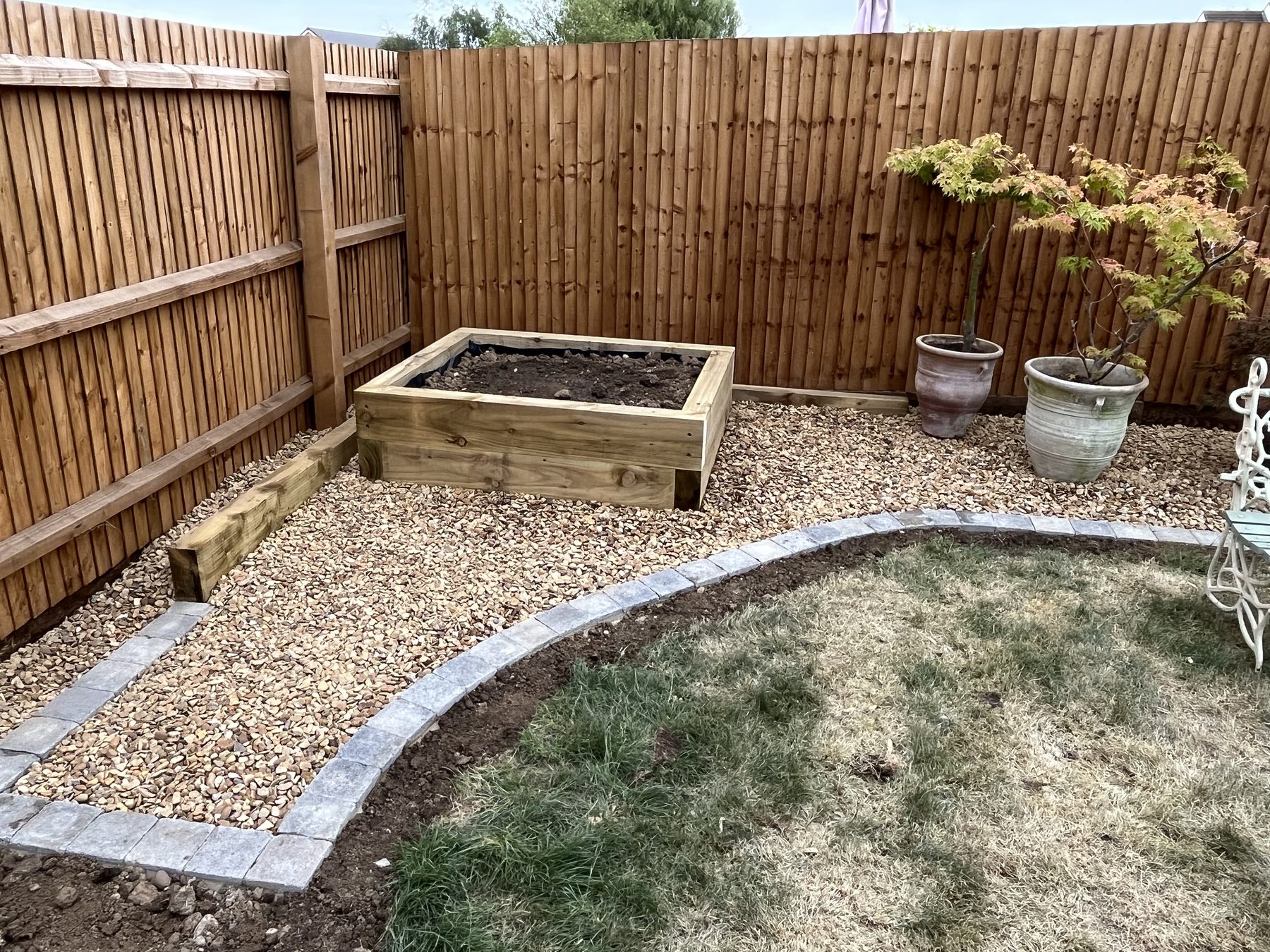 Evening view of completed Stilton porcelain patio