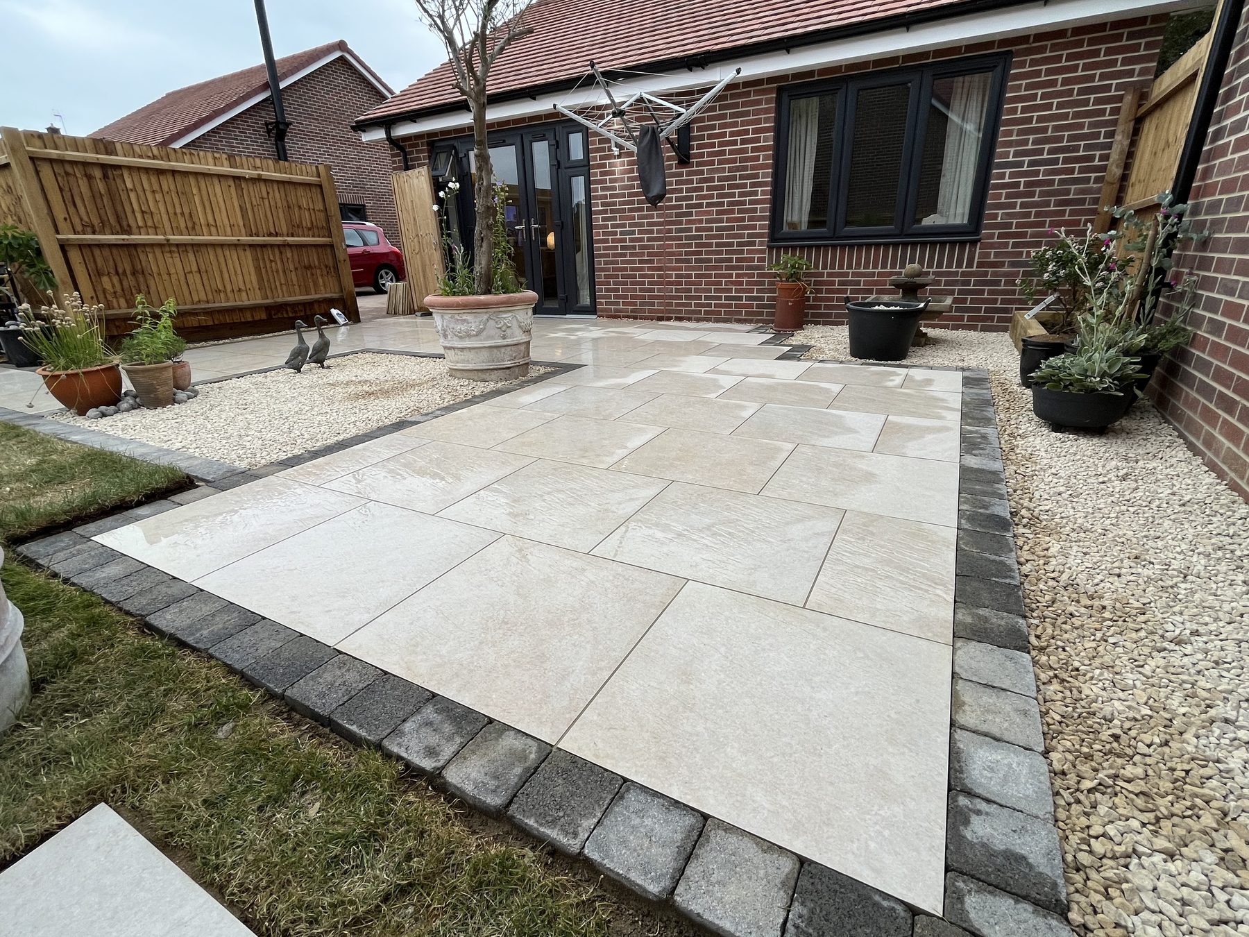 Wide view of completed garden transformation in Stilton